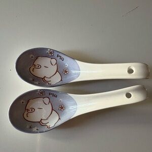 White Ceramic Piggy Asian Soup Spoon 5" set of 2